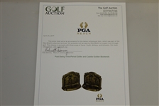 Post-Swing Time-Period Golfer and Caddie Golden Bookends 