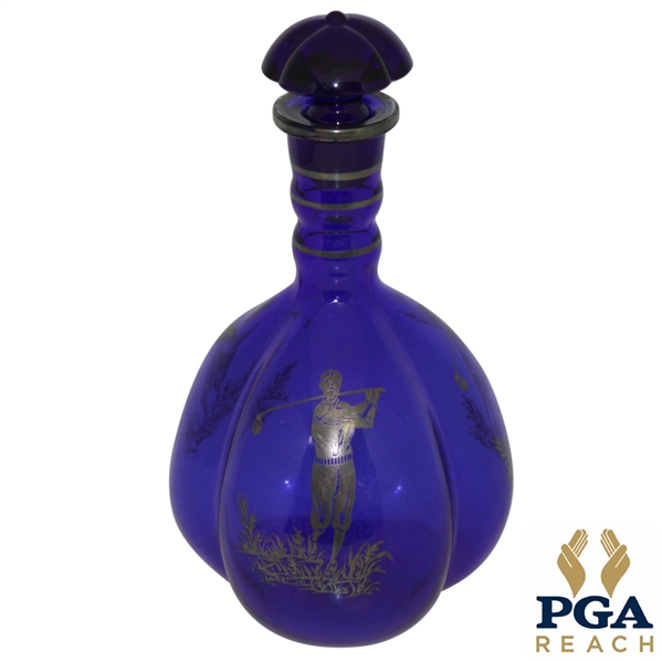 Lobed Blue Glass Decanter With Silver Overlay Golfer