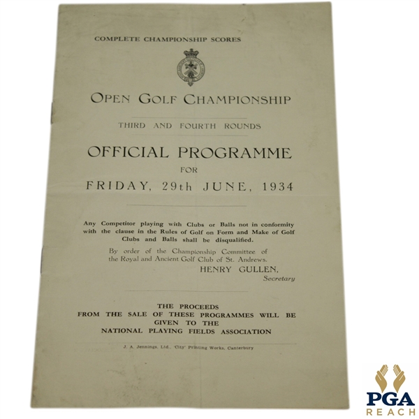 1934 Open Championship at Royal St George Program - Henry Cottons 1st Open Championship Win