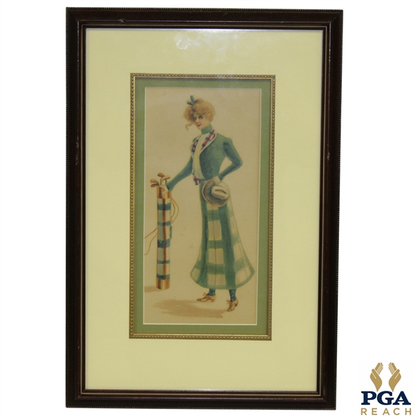 Framed and Matted Time-Period Lady Golfer Artists Depiction 