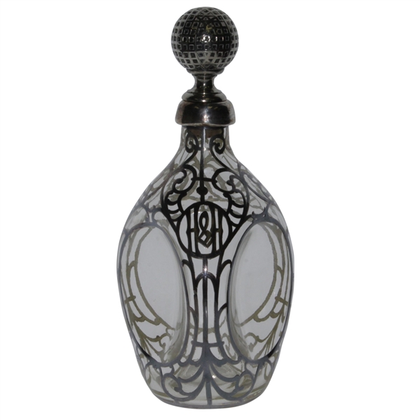 Glass Vase / Decanter with Silver Overlay Design & Golf Ball Stopper