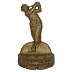 Cast Iron Lady Golfer w/ Hat Standing Atop Cobblestone Perch Bookend - Vintage