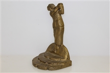 Cast Iron Lady Golfer w/ Hat Standing Atop Cobblestone Perch Bookend - Vintage
