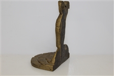 Cast Iron Lady Golfer w/ Hat Standing Atop Cobblestone Perch Bookend - Vintage