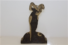 Cast Iron Lady Golfer w/ Hat Standing Atop Cobblestone Perch Bookend - Vintage