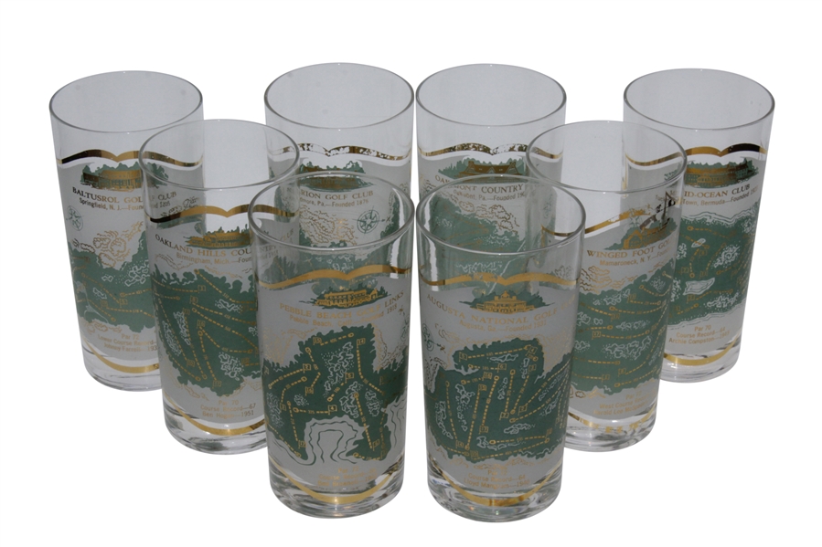 Set of 8 Famous Golf Course Glass Tumblers - Oakmont, Mid-Ocean, Oakland Hills, Pebble Beach, August National and Baltusrol etc.