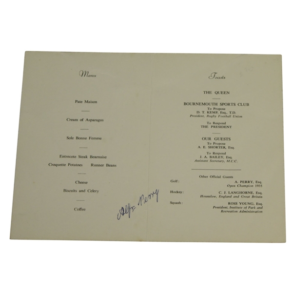 Alf Perry Signed Event Menu - 1935 Open Championship Winner JSA ALOA