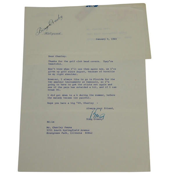 Bing Crosby Signed 1969 Letter to C. Penna w/ Envelope - Seminole Content JSA ALOA