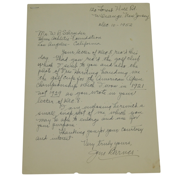 Jim Barnes Signed 12/10/52 Handwritten Letter - 1921 US Open Content - PSA/DNA Full #U07885