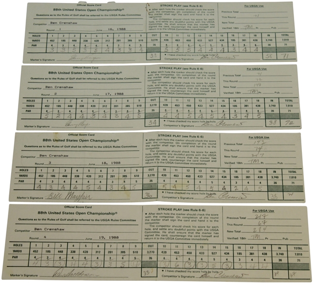 Ben Crenshaw Signed Used 1988 US Open Scorecards (4) - Gary Player Marker JSA ALOA