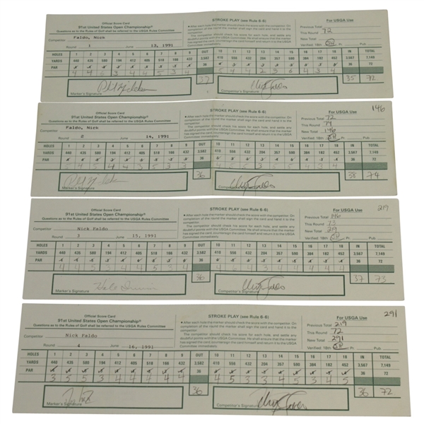 Nick Faldo Signed Used 1991 US Open Scorecards (4) - Phil Mickelson Marker JSA ALOA