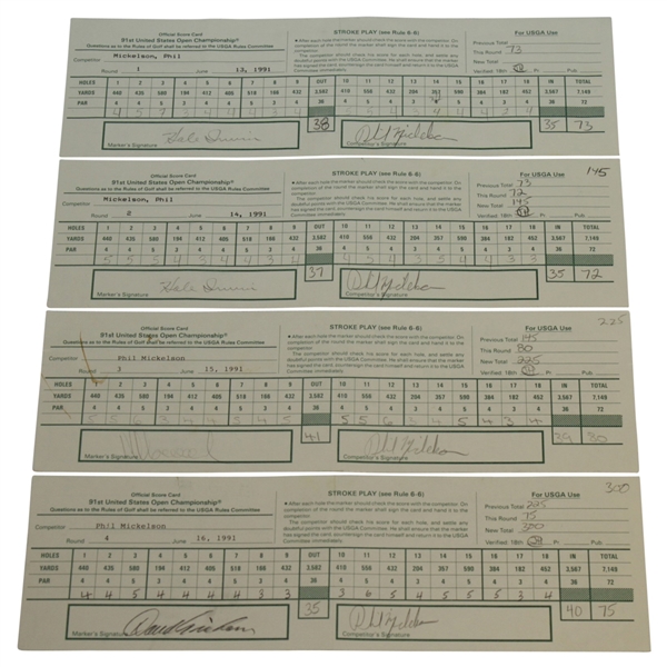 Phil Mickelson Signed Used 1991 US Open Scorecards (4) - Tournament Low-Amateur JSA ALOA