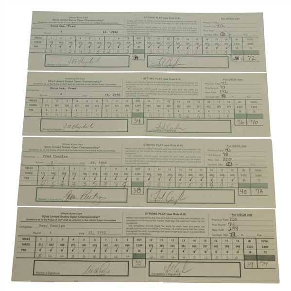 Fred Couples Signed Used 1992 US Open Pebble Beach Scorecards (4) - Olazabal Marker JSA ALOA