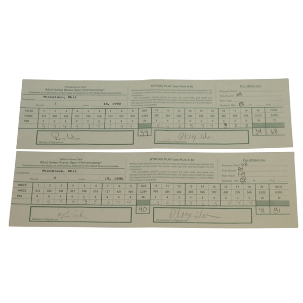 Phil Mickelson Signed Used 1992 US Open Pebble Beach Scorecards (2) JSA ALOA