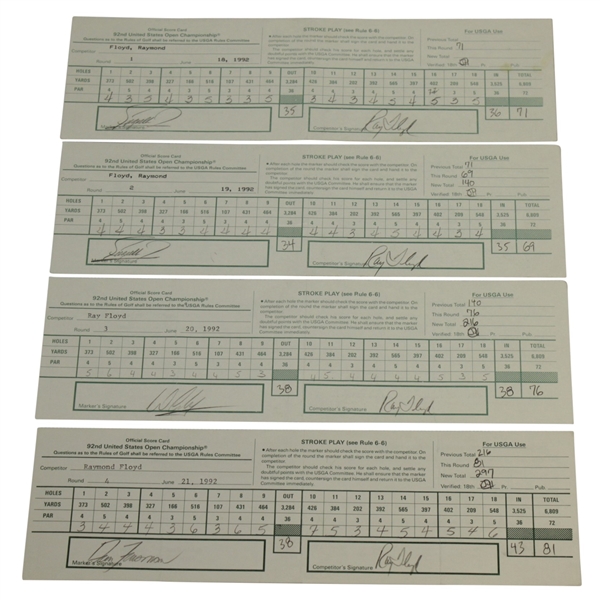 Ray Floyd Signed Used 1992 US Open Pebble Beach Scorecards (4) - Zoeller Marker JSA ALOA