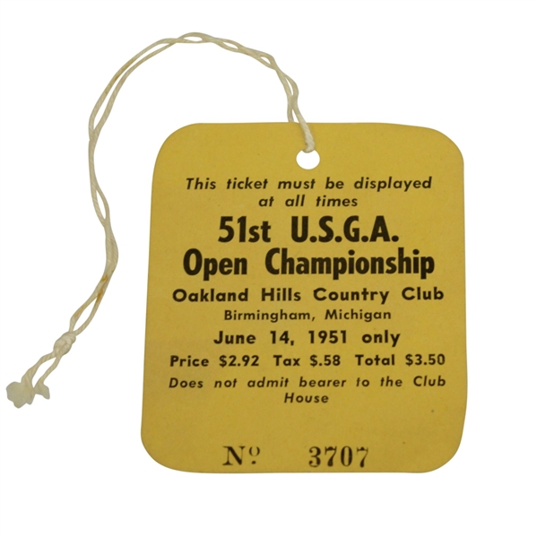 1951 US Open Championship at Oakland Hills Ticket in Excellent Condition - Ben Hogan Winner