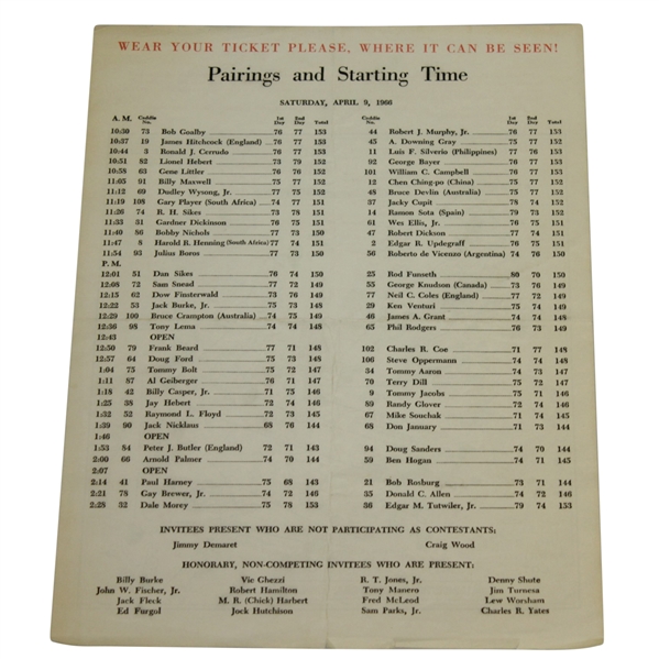 1966 Masters Tournament Pairing Sheet - Jacks 3rd Victory