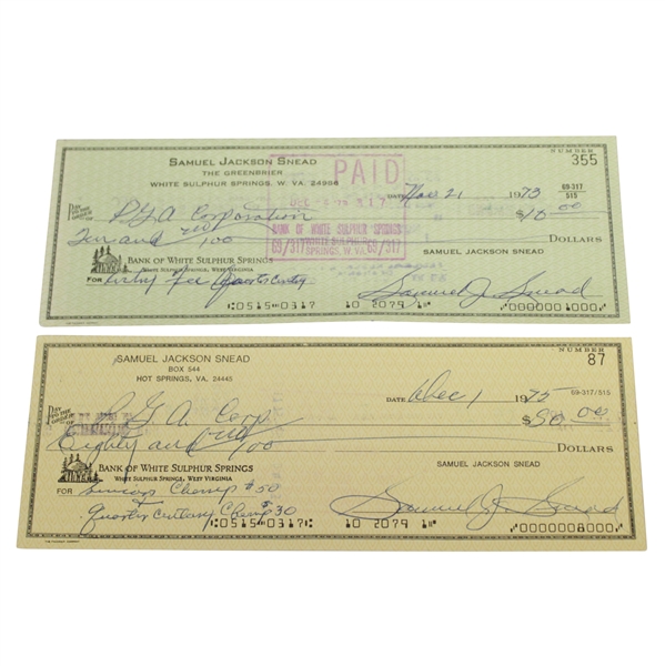 Sam Snead Signed Checks Grouping - Two Total JSA ALOA