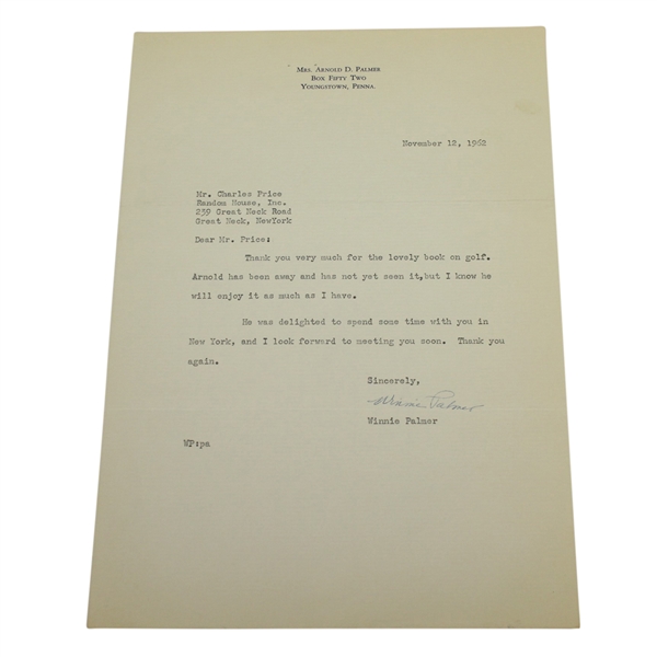 Winnie Palmer Signed Letter to Charles Price - November 12, 1962 JSA ALOA