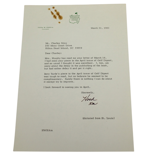 Hord W. Hardin Signed Letter to Charles Price - March 21, 1983 JSA ALOA