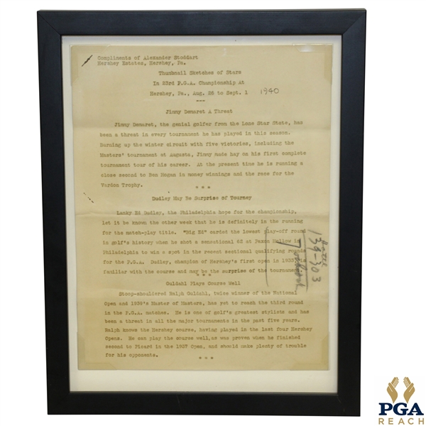 1940 PGA Championship at Hershey CC Thumbnail Sketches of Stars Original Press Release - Demaret, Dudley & Guldahl Content