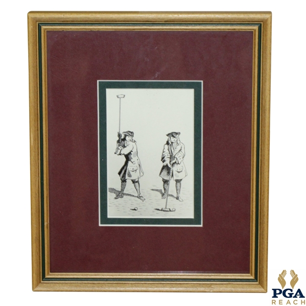 Pen Illustration Of Two 18th Century Gentlemen Playing Golf / Croquet 