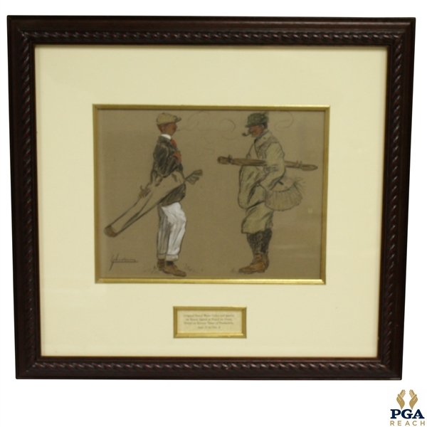 Circa 1920s Gentlemen Golfers Smoking & in Conversation Original Pencil, Water Color & Gouache On Board Artwork