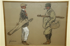 Circa 1920's Gentlemen Golfers Smoking & in Conversation Original Pencil, Water Color & Gouache On Board Artwork