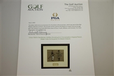 Circa 1920's Gentlemen Golfers Smoking & in Conversation Original Pencil, Water Color & Gouache On Board Artwork