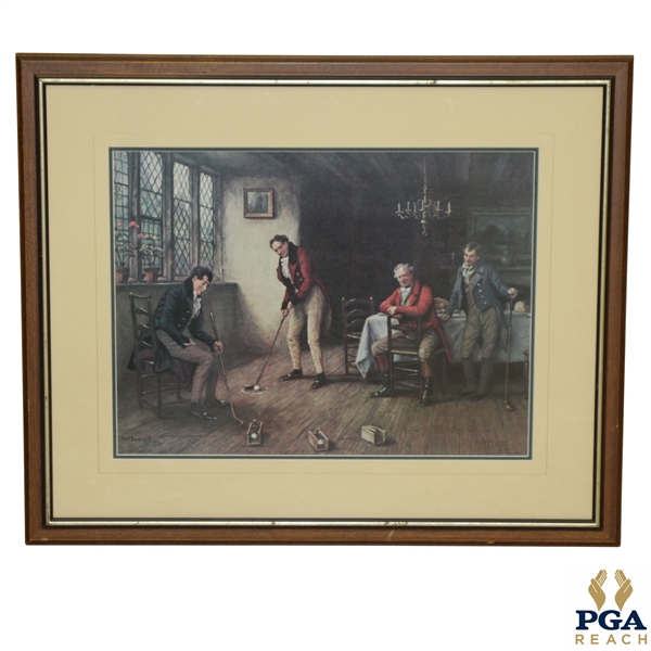 The Last to Play Print Signed by F. M. Bennett - Four Golfers Practicing Putting in a Pub 1930