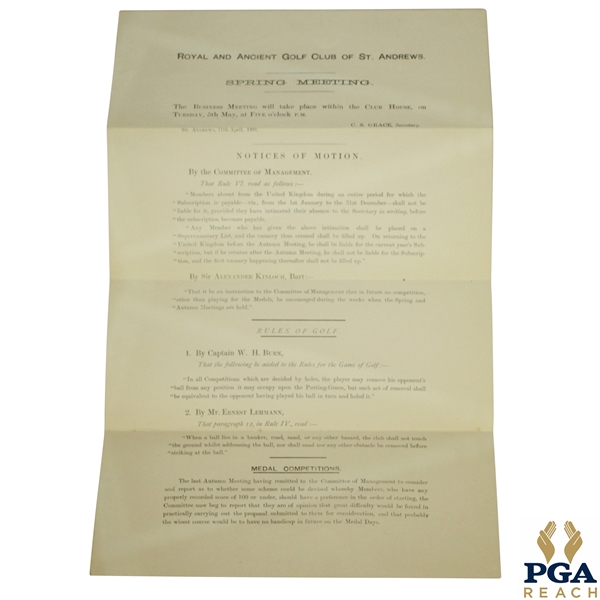 1891 Royal & Ancient Golf Club of St. Andrews Notice of Spring Meeting - April