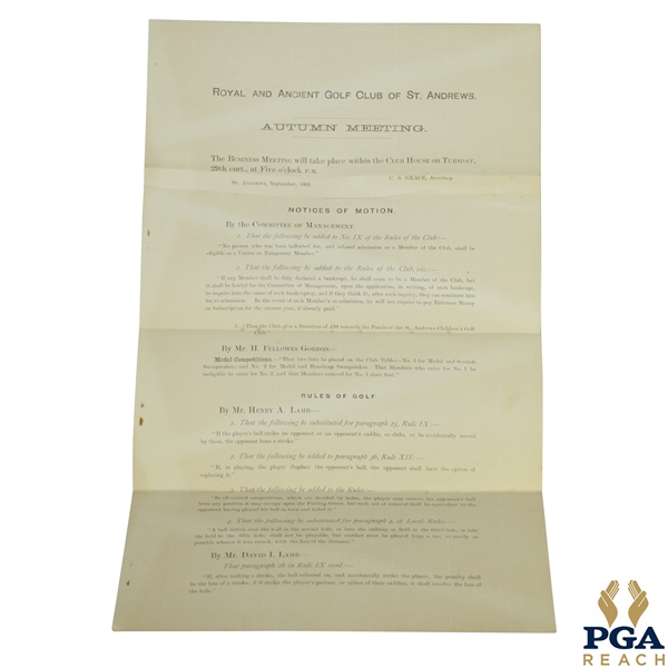 1891 Royal & Ancient Golf Club of St. Andrews Notice of Autumn Meeting - September