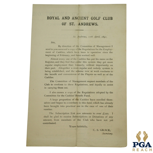 1891 Royal & Ancient GC of St. Andrews Employment of Caddies & Caddies Benefit Fund Report - April