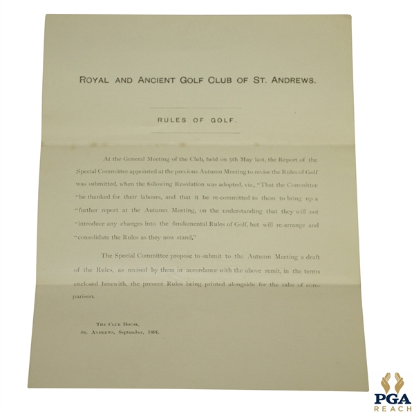 1891 Royal & Ancient St. Andrews Rules for the Game of Golf Revision Letter by The Special Committee
