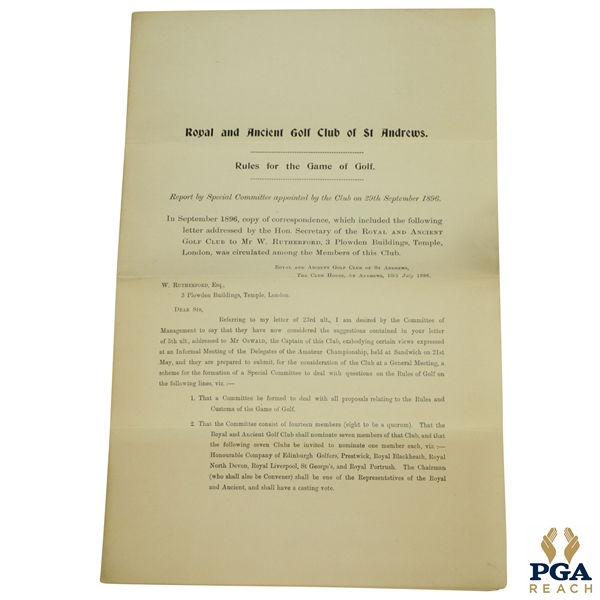 1897 Royal & Ancient St. Andrews Letter on Proposed Special Committee Relating to Rules