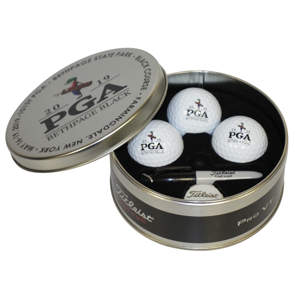 2019 PGA Championship Bethpage Black Titleist Logo Ball Set w/ Sharpie Tin - Koepka Win