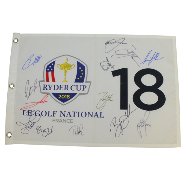 2018 Ryder Cup Flag Le Golf National Signed by Reed, D Johnson, Rahm & Rose Etc. JSA ALOA