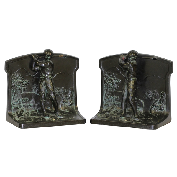 1923 Bronze Golfer Figure Bookends Set