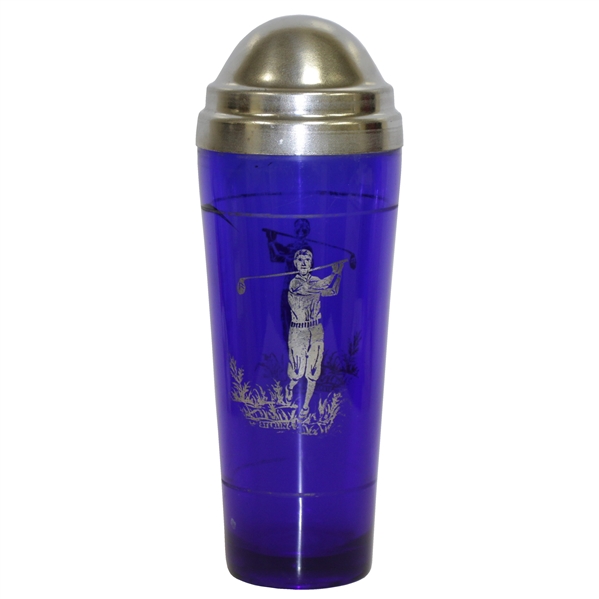 1920s Colbalt Blue Glass Cocktail Shaker w/ Silver Overlay Golfer 