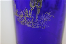 1920's Colbalt Blue Glass Cocktail Shaker w/ Silver Overlay Golfer 