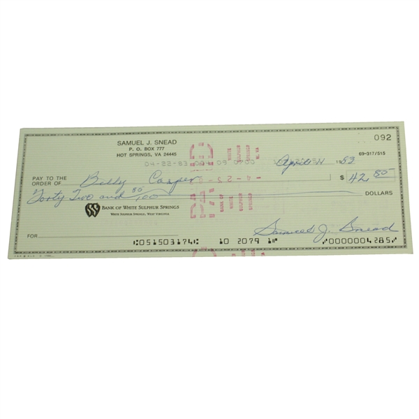 Sam J. Snead Signed Personal Check to Billy Casper Circa 1983 JSA ALOA