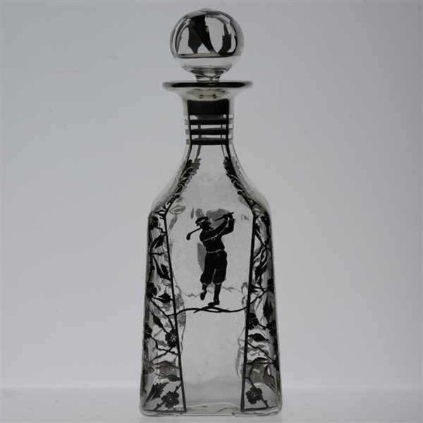 Vintage Silver Inlay Post Swing Golfers 4 Sided Glass Decanter w/ Stopper 