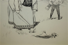 Circa 1900 Lady Golfer Cartoon Original Pen & Ink Drawing Signed by LMG