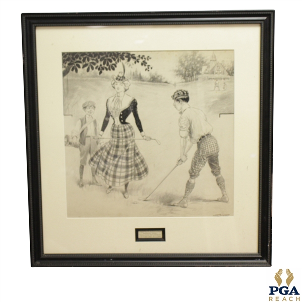 1900 Original Pen & Ink on Board of Golfing Couple w/ Caddie by Ehrhart