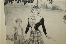 1900 Original Pen & Ink on Board of Golfing Couple w/ Caddie by Ehrhart