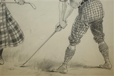 1900 Original Pen & Ink on Board of Golfing Couple w/ Caddie by Ehrhart