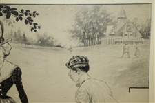 1900 Original Pen & Ink on Board of Golfing Couple w/ Caddie by Ehrhart