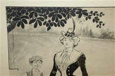 1900 Original Pen & Ink on Board of Golfing Couple w/ Caddie by Ehrhart