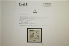 1900 Original Pen & Ink on Board of Golfing Couple w/ Caddie by Ehrhart