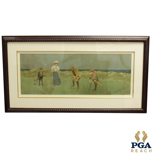 Putting Lithograph of Couple Playing Golf by the Sea w/ Caddies